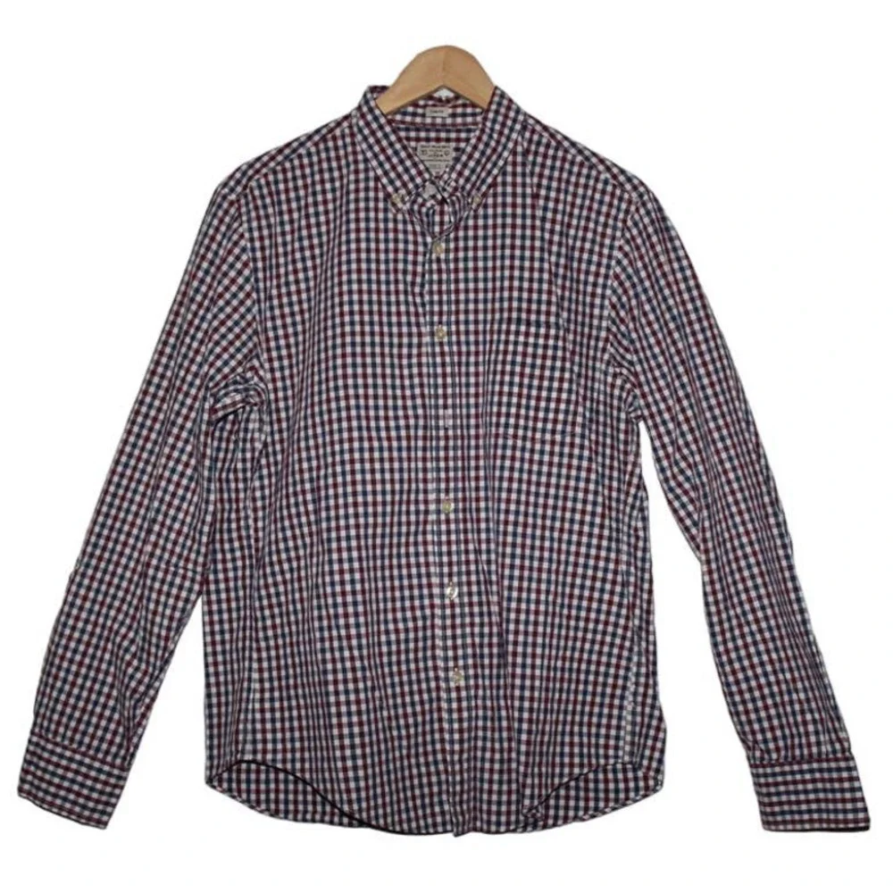 Mens J. Crew Slim Button Down Shirt 06134 Red White Blue Plaid Cotton Size Large